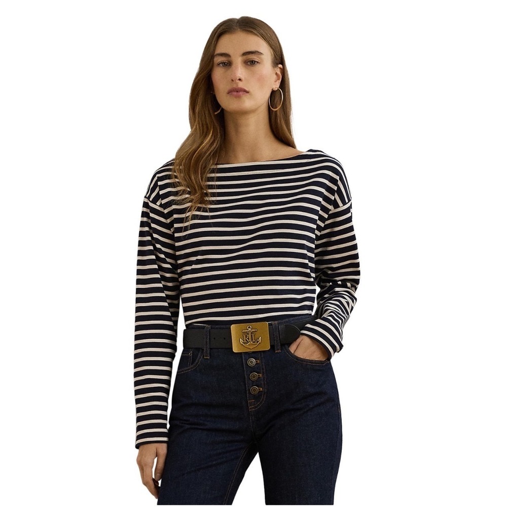 Lauren Ralph Lauren Striped Cotton Jersey Boatneck Top Navy White XXL